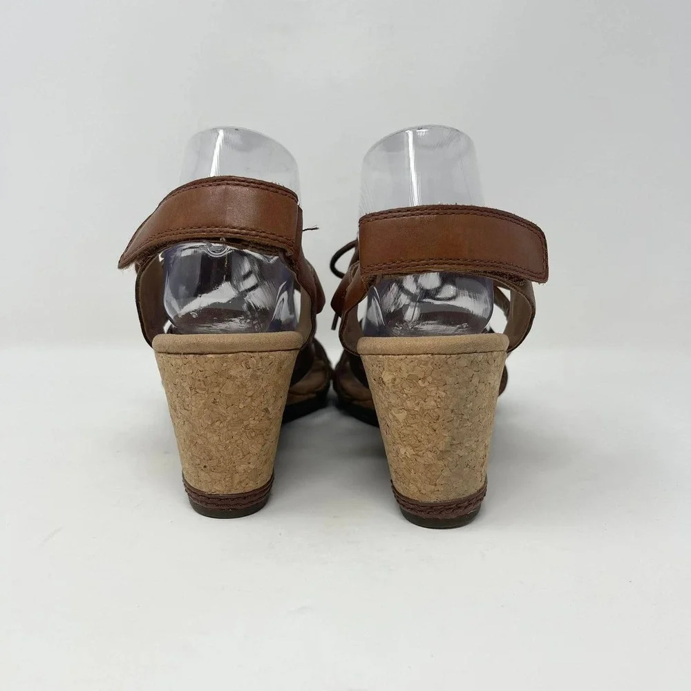 Clarks Helio Mindin Lace Up Cork Wedge Sandals Wms 10 Brown Leather Soft Cushion